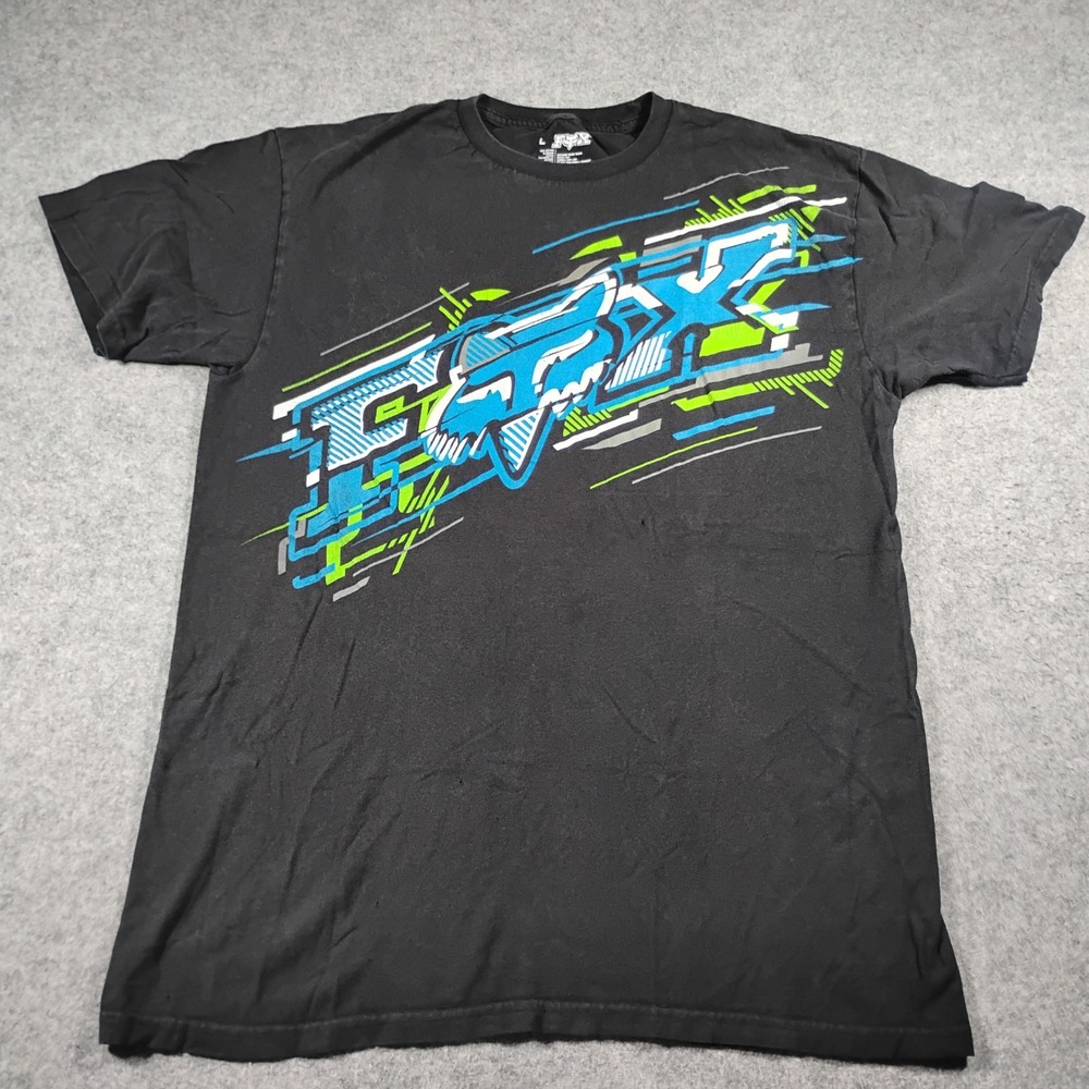Fox Racing Men's Black Blue Neon Green Logo Motocross Graphic T-Shirt Size L y2K